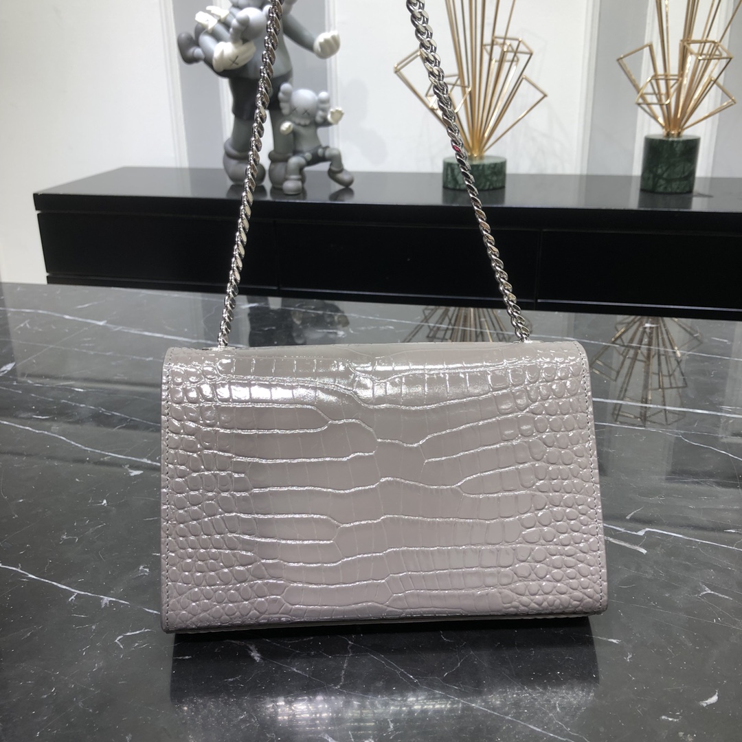 Saint Laurent Kate Tassel Small Crocodile Embossed Calfskin Shoulder Bag Handbag Grey 474366 Silver